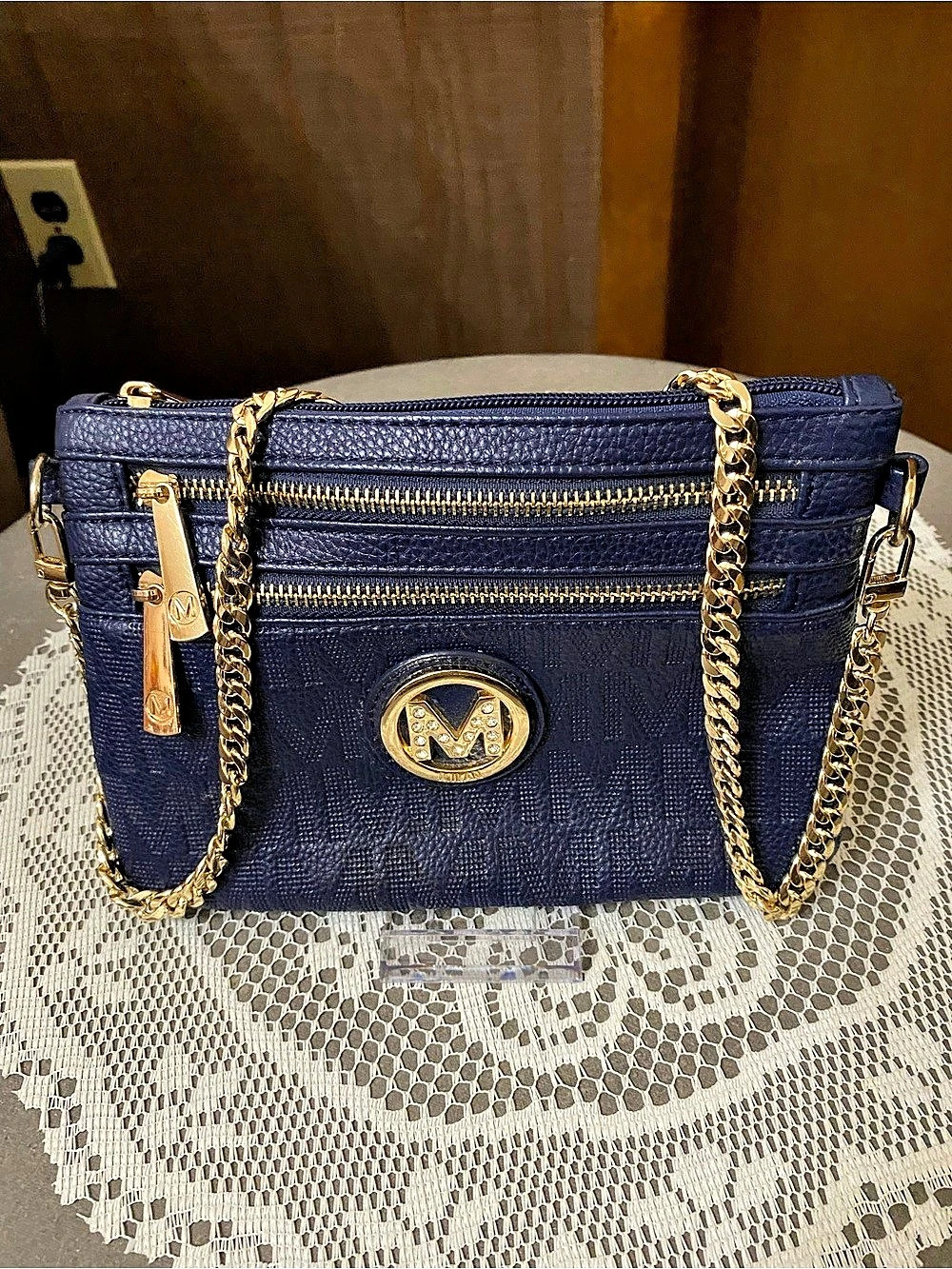 MILAN Blue Crossbody Bag with gold tone chain